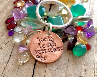 Lucky Lotto Scratcher Personalized Hand Stamped Penny, Custom One 1, 7 Seven Year Anniversary Keychain Gift for Him, Her, Initials