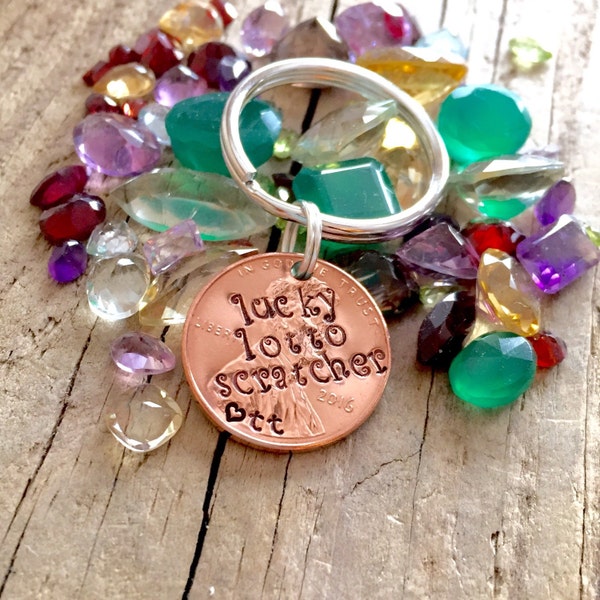 Lucky Lotto Scratcher Personalized Hand Stamped Penny, Custom One 1, 7 Seven Year Anniversary Keychain Gift for Him, Her, Initials