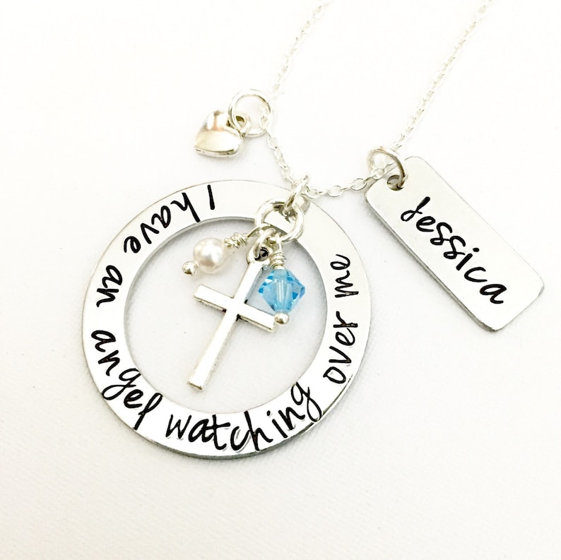 Hand Stamped Memorial Jewelry I Have An Angel Watching Over Me Remembrance Necklace Mom Dad Husband Child Loss Of Loved One Sympathy Gift
