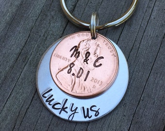 Lucky Us 1 Year Anniversary Hand Stamped Penny Keychain Gift For Him, Her, Personalized Date Initials, Wedding Gift, Bridal Shower, Copper 7