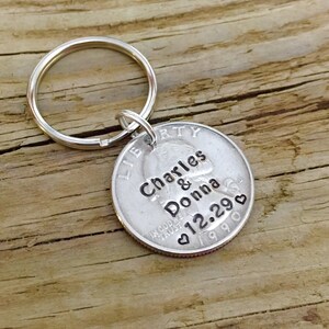 25 Year Anniversary Hand Stamped Quarter Key chain Gift For Her, Him, Personalized Gift For Husband Wife, Traditional Silver Anniversary image 2
