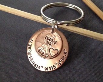Lucky Us Penny Coordinates Keychain, Custom Gift for Him, Her, Hand Stamped Initials, Personalized Valentines Day Gift, Copper Anniversary