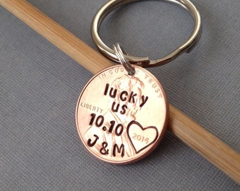 Lucky Us Personalized Hand Stamped Penny, Custom One Year Anniversary Penny Keychain Gift for Him, Gift for Her, Initials, Valentines Day