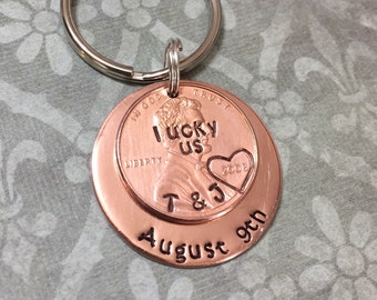 Lucky Us Hand Stamped Anniversary Keychain Gift For Men, Personalized Copper 7 Year Gift For Her, Him, Custom Initials And Wedding Date