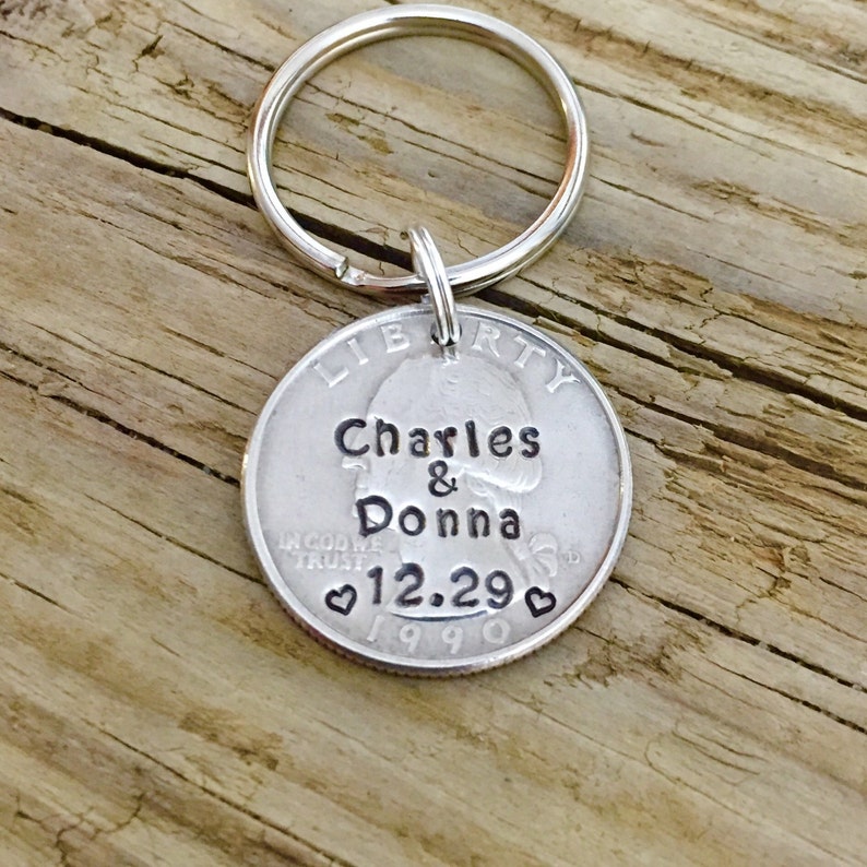 25 Year Anniversary Hand Stamped Quarter Key chain Gift For Her, Him, Personalized Gift For Husband Wife, Traditional Silver Anniversary image 3