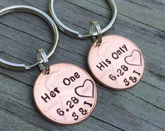 His & Hers Matching One and Only Personalized Penny Keychains, Custom Gift for Him, Her, Anniversary Date, Couples, Hand Stamped Initials