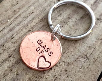 Class of 2023, Hand Stamped Graduation Gift, Personalized Custom Penny Keychain for Graduate, High School, College, University, Good Luck