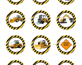 Construction 2 Inch Round – Digital Download – Cupcake Topper – Stickers - Construction Party