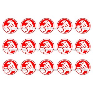Puede incluir: Una hoja de 12 pegatinas redondas rojas y blancas con el logotipo de Holden, un león en un círculo.