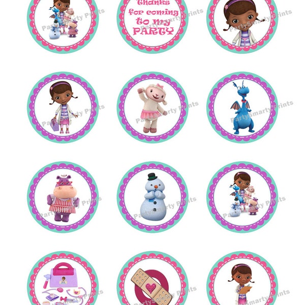 Doc McStuffin ronde – téléchargement – Cupcake Topper-autocollants - Doc McStuffin parti de 2 pouces