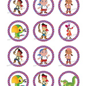 May include: Twelve round, red and blue chevron patterned cupcake toppers featuring characters from the animated series Jake and the Never Land Pirates. The characters include Jake, Izzy, Cubby, Skully, Captain Hook, and a crocodile.