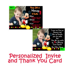 Mickey Mouse Einladung und Dankeskarte - Digitale personalisierte Einladung - Mickey Mouse Party Einladung M1 + TY1