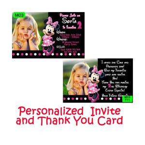Minnie Maus Einladung und Dankeskarte - Digitale personalisierte Einladung - Minnie Mouse Party Einladung M1 TY1