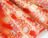 Brocade fabric, Red Gold Chinese brocade, faux silk,colorful flowers , for dress, jacket, pillow, cushion covers and wedding by the yard