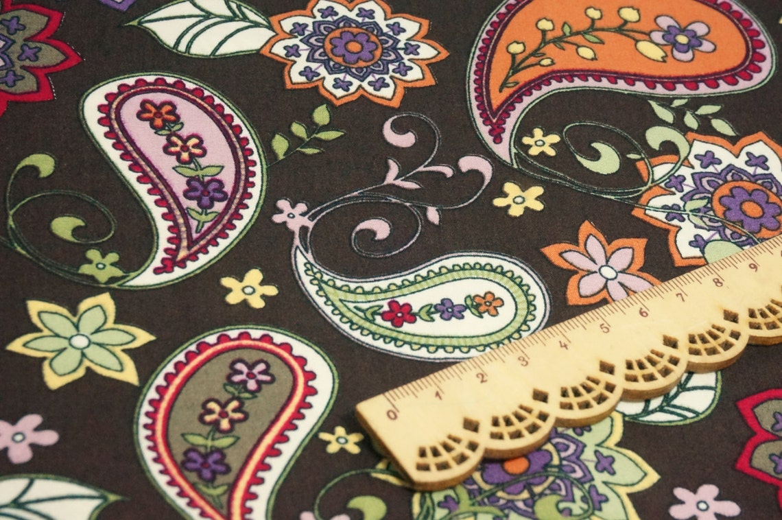 PAISLEY FABRIC By The Yard Flower in drop brown tone | Etsy