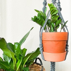 May include: A gray macrame plant hanger with a terracotta pot holding a green plant. The hanger is hanging from the ceiling and the pot is suspended in the air. A second plant is in a wicker basket on the floor.