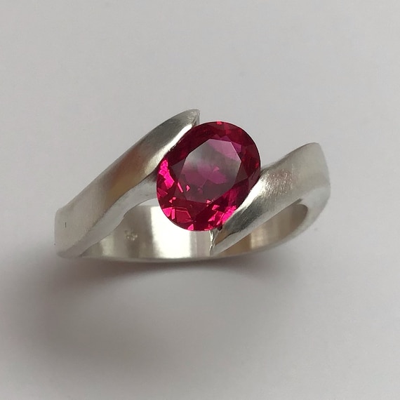 Red Stone Ring Statement Ring Sterling Silver Ruby Band Ring CORAL Ruby Ring for Women Wide Ruby Wedding Band Ring
