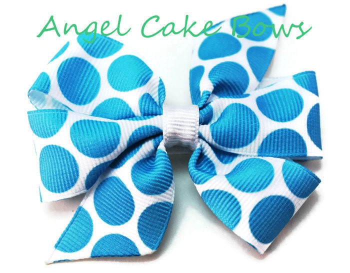 Large Blue Hair Bow - Polka Dot Bow with Scrunchie - wide 2