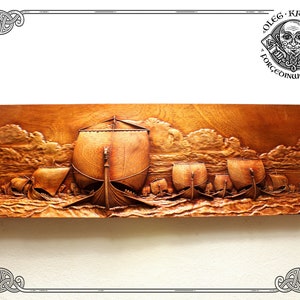 Majestic Drakkar Armada: Exquisite Nordic Heritage - Intricately Handcrafted Wood Carved Wall Art - Premium Viking Decor for Bold Spaces