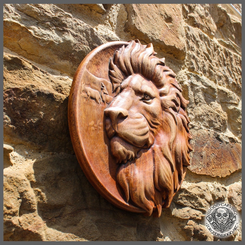 Lion Animal Dark Brown Wild Life Wall Art Wood Carving