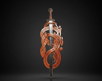 JORMUNGANDR: met de hand gesneden Viking-slangenzwaardtroon – hoge dichtheid hardhouten wanddisplay van museumkwaliteit