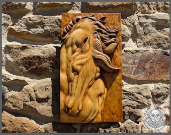 Hand-Carved Wooden Horse Portrait – Solid Wood Relief Wall Decor