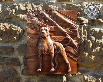 Luxury carved American Staffordshire Terrier, Animal wood wall hanging, Dog home art decor, Wood carving housewarming gift, Man Cave Rustic