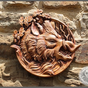 JABALÍ - Gracioso cuadro de animal tallado en madera. Arte de la pared de la vida salvaje, regalo del cazador, decoración rústica del hogar de la cabaña, colgante de la pared tallada, arte rústico