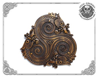 May include: A wooden wall hanging with a Celtic knot design featuring three intertwined spirals. The knot is carved in a dark brown wood with a golden finish. The design is reminiscent of a triple knot or triquetra.