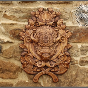 Viking Buffalo Spirit Pagan Norse Nordic Animal Wood Carving Wall Rustic Gift Hunter Cabin Deco Rustic Celtic Heathen Home Wall Hanging