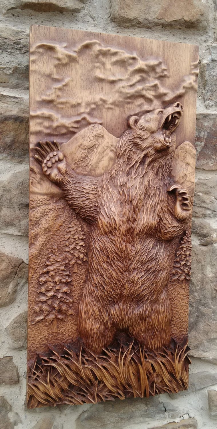 Grizzly Bear Carving Wood Carving With Bark Hand Made Gift Wall Hanging for  a Hunt Lovers Rustic OOAK Gift for Hunter Cabin Deco by Davydov 