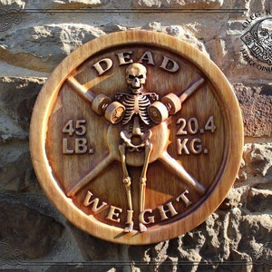 Skeleton Wood Carving, Powerlifting Plate, Gym Decor, Wall Woodwork, Wall Hanging, Wooden Plague, Man Cave Decor, Weightlifting, Biceps