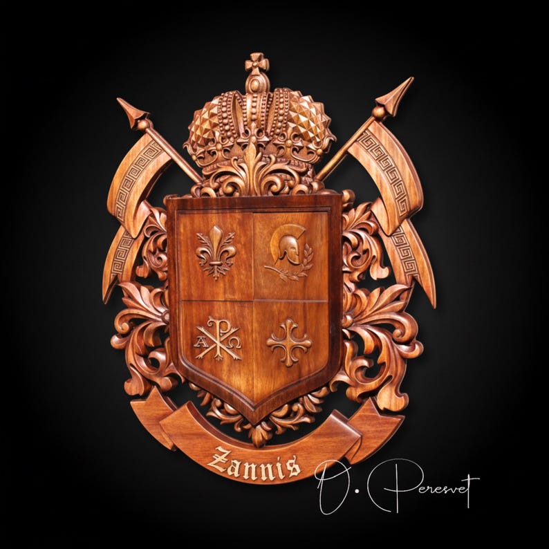 Custom Family Crest Wood Carving, Bespoke Chi-Rho and Spartan Helmet Heraldry, Personalized Fleur-de-lis Coat of Arms, Christian Wall Art image 8