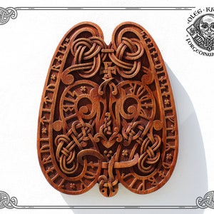Magnificent replica of ancient Norse wooden carving, inspired by Viking stone artifacts, perfect for home, altar, and heathen decor.