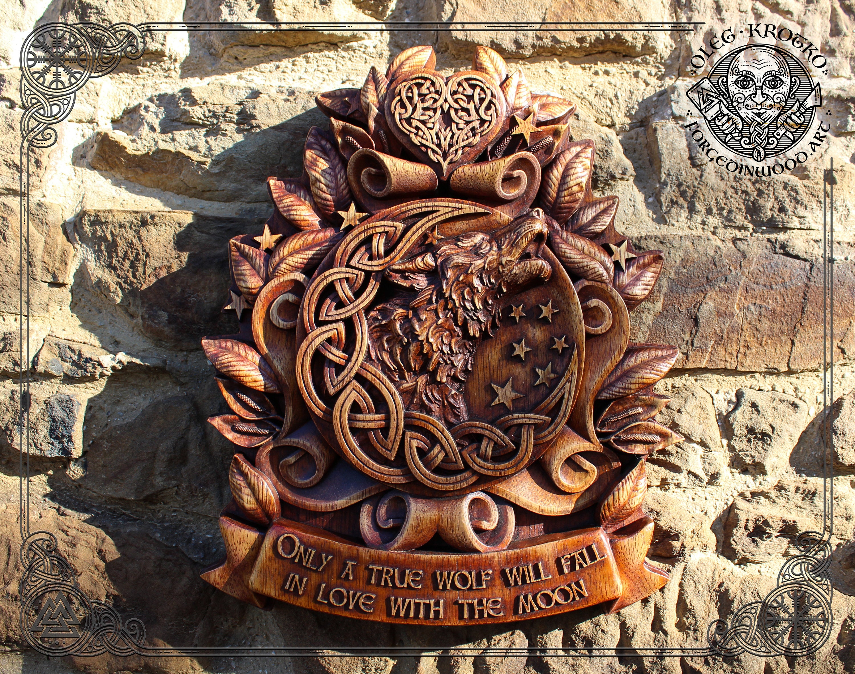 Celtic Wolf Moon Viking Heart Brown Wild Life Wall Art Wood