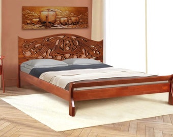 Dragon's Legacy: Wood Carved Headboard Bed - Norse Art with Celtic Dragon Motifs - Authentic & Exquisite. Timeless Symbol of Norse Artistry