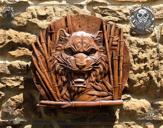 タイガーウッド彫刻、天然ワックスプレート、野生動物アート壁掛け