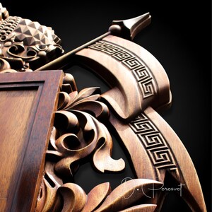 Custom Family Crest Wood Carving, Bespoke Chi-Rho and Spartan Helmet Heraldry, Personalized Fleur-de-lis Coat of Arms, Christian Wall Art image 16