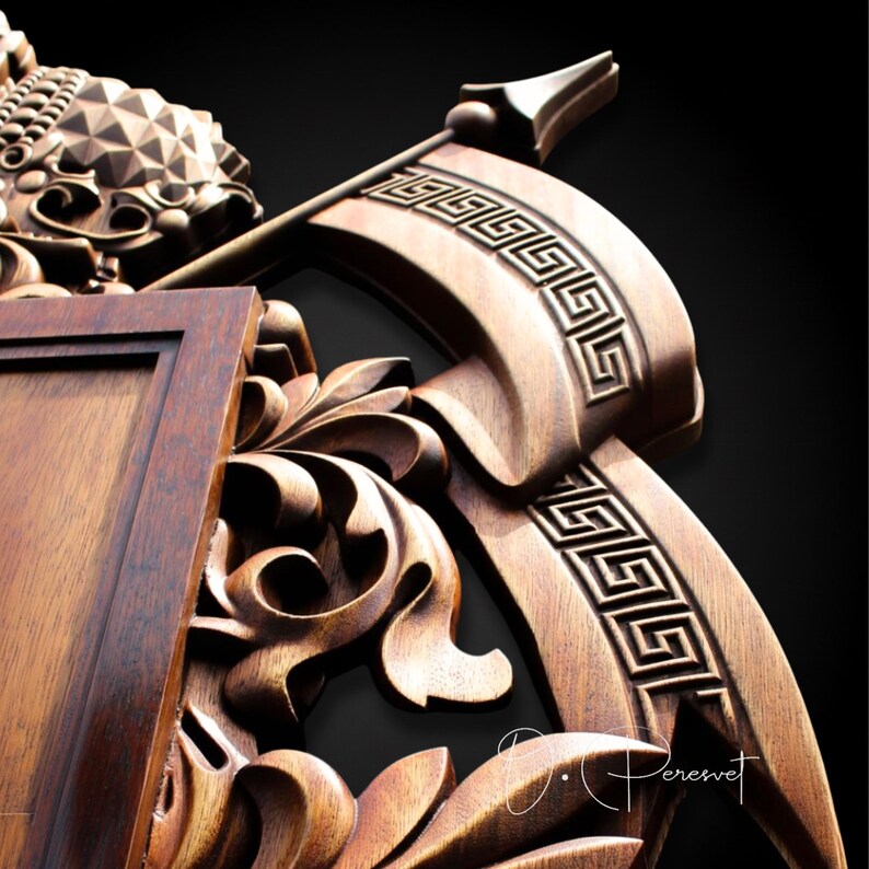 Custom Family Crest Wood Carving, Bespoke Chi-Rho and Spartan Helmet Heraldry, Personalized Fleur-de-lis Coat of Arms, Christian Wall Art image 16
