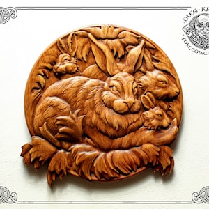 Hare Family Animal Dark Brown Wild Life Wall Art Wood Carving Picture Lover Gift Hunter Cabin Rustic Heathen Home Decor Wall Hanging Rustic