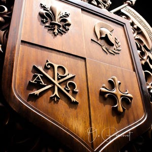 Custom Family Crest Wood Carving, Bespoke Chi-Rho and Spartan Helmet Heraldry, Personalized Fleur-de-lis Coat of Arms, Christian Wall Art image 12