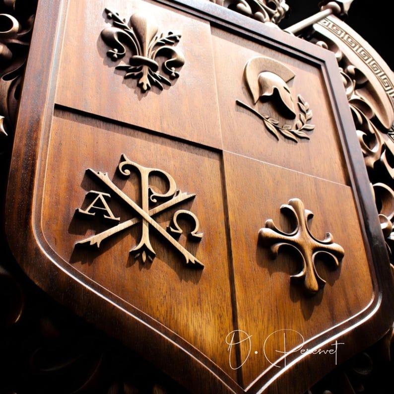 Custom Family Crest Wood Carving, Bespoke Chi-Rho and Spartan Helmet Heraldry, Personalized Fleur-de-lis Coat of Arms, Christian Wall Art image 12