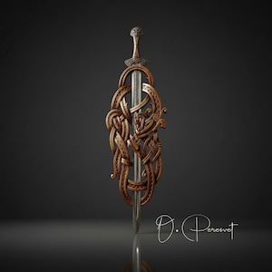 FAFNIR MARRÓN: Trono con espada de serpiente vikinga tallada a mano – Exhibición de pared de madera dura de alta densidad de calidad museística