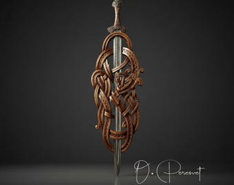 BRUINE FAFNIR: met de hand gesneden Viking-slangenzwaardtroon – hoge dichtheid hardhouten wanddisplay van museumkwaliteit