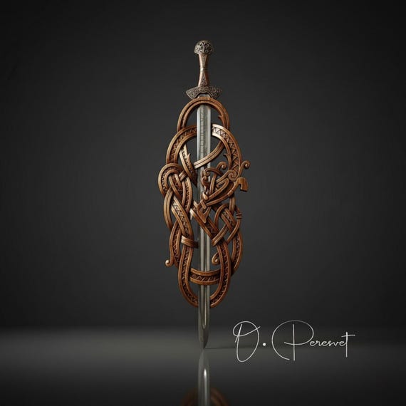 BROWN FAFNIR: Hand-Carved Viking Serpent Sword Throne – Museum-Grade High-Density Hardwood Wall Display