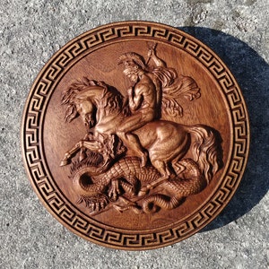 San Gorge Dragon Wall Hanging Wood Carving  Animal Horse Home Decor Woodwork Housewarming Gift Nature Rustic Living Room Art Wood Picture
