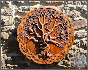 Wood Carving: Yggdrasil, Ravens, Celtic Knot, Norse Decor