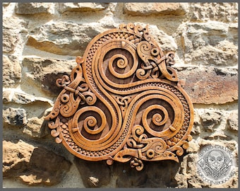 Dragon Symbol Trisquel Wall Hanging: Viking Wooden Plaques with Celtic and Norse Patterns - Home Decor Art, Pagan Carvings, Heathen Style