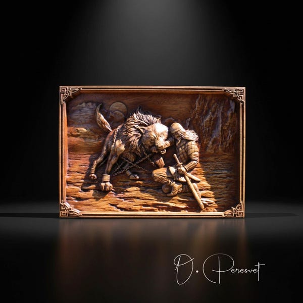 Tyr and Fenrir Wood Carving, Norse God of War Art, Viking Mythology Decor, Hand Carved Iroko, Asatru Altar Gift