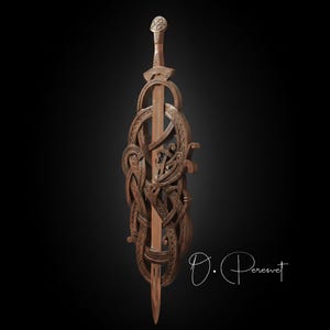 BLACK FAFNIR: met de hand gesneden Viking-slangenzwaardtroon – hoge dichtheid hardhouten wanddisplay van museumkwaliteit afbeelding 5